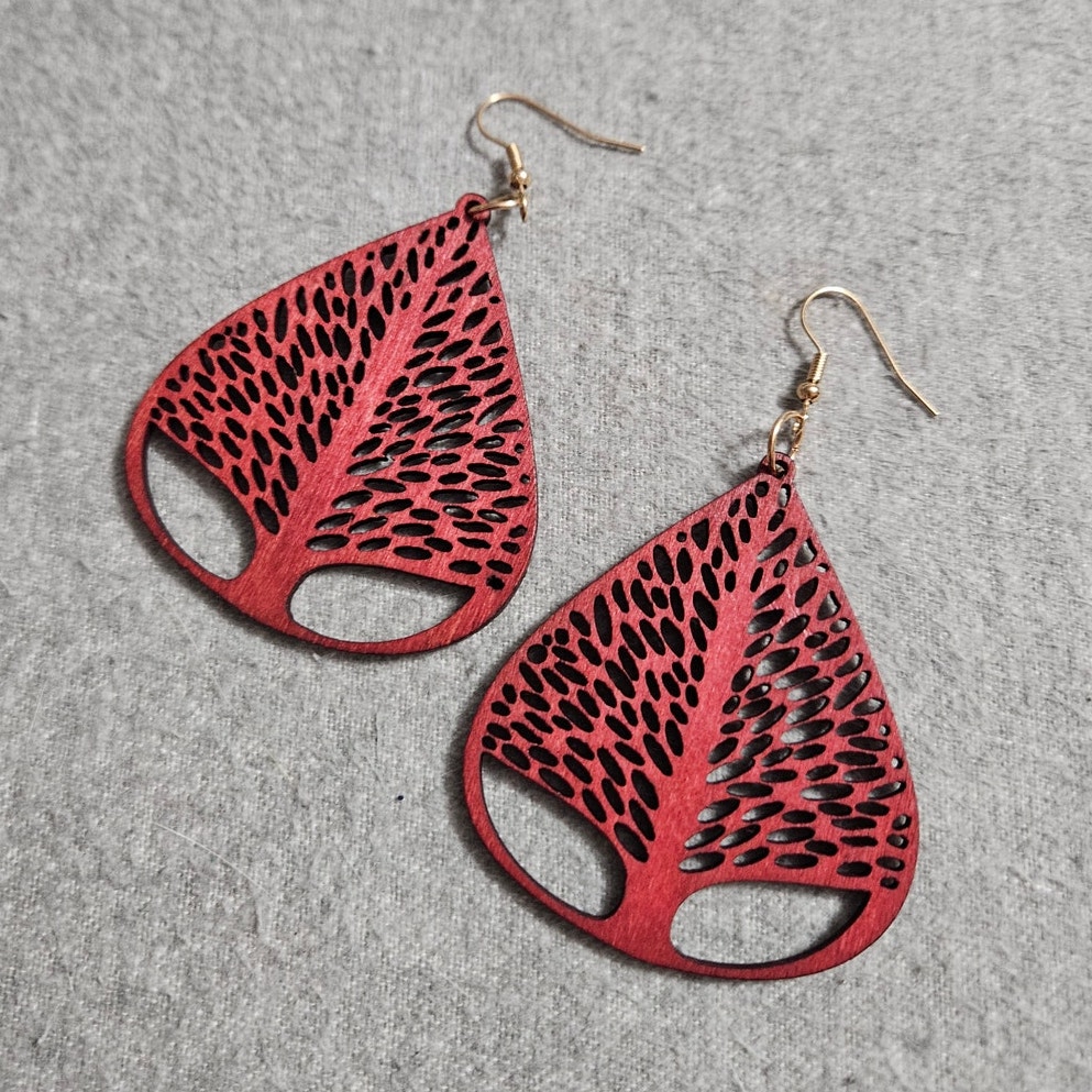 Boutique Bright Red Filigree Tree Of Life Laser-Cut Wooden Dangle Earrings